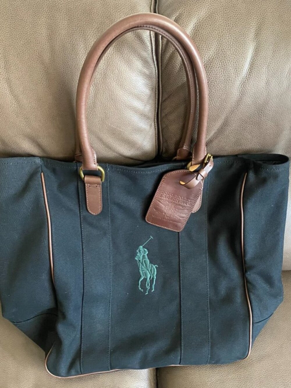Ralph Lauren Polo Big Pony Black Canvas Leather Trim Large Tote